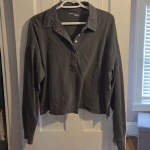 aerie Charcoal Gray Collared Half-Button Crop Tee